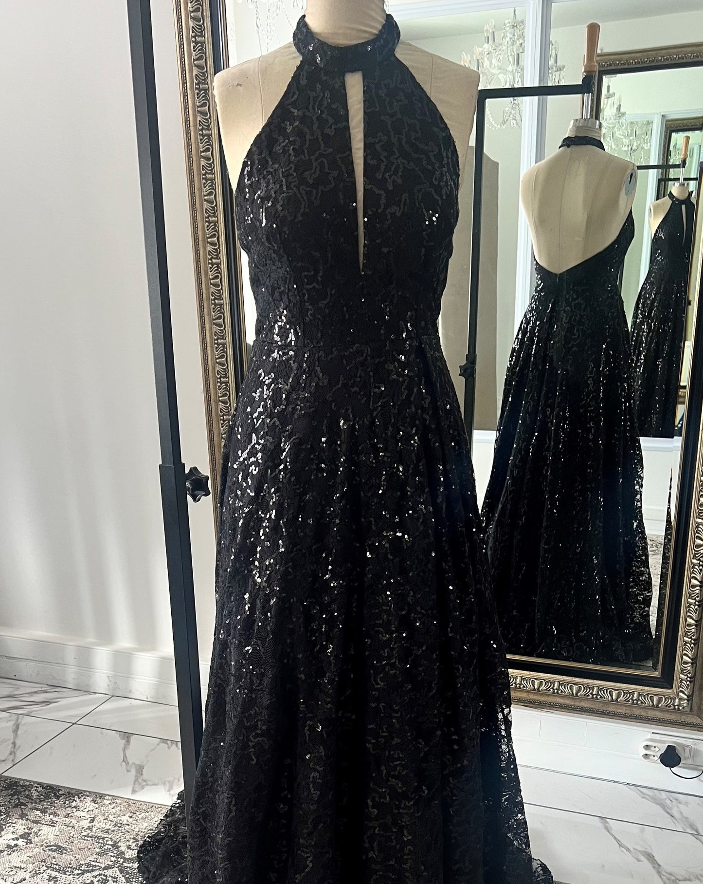 Black Sequin Halter Neck Dress