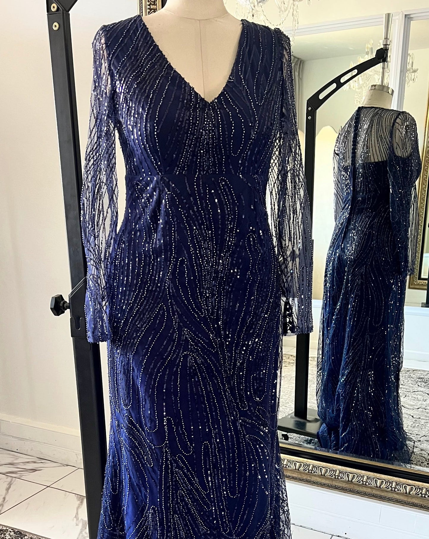 Navy Full Beaded Lace Dress