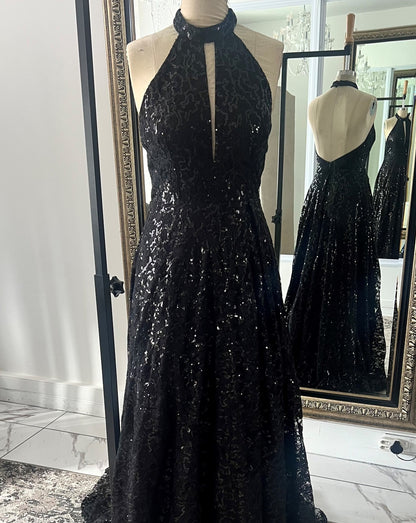 Black Sequin Halter Neck Dress