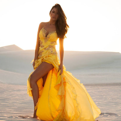 Yellow Chiffon Ruffle Dress