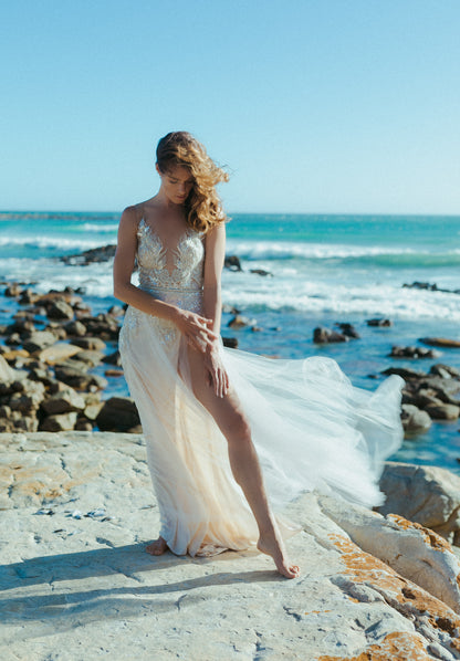 Metallic Pewter Lace and Soft Tulle Dress