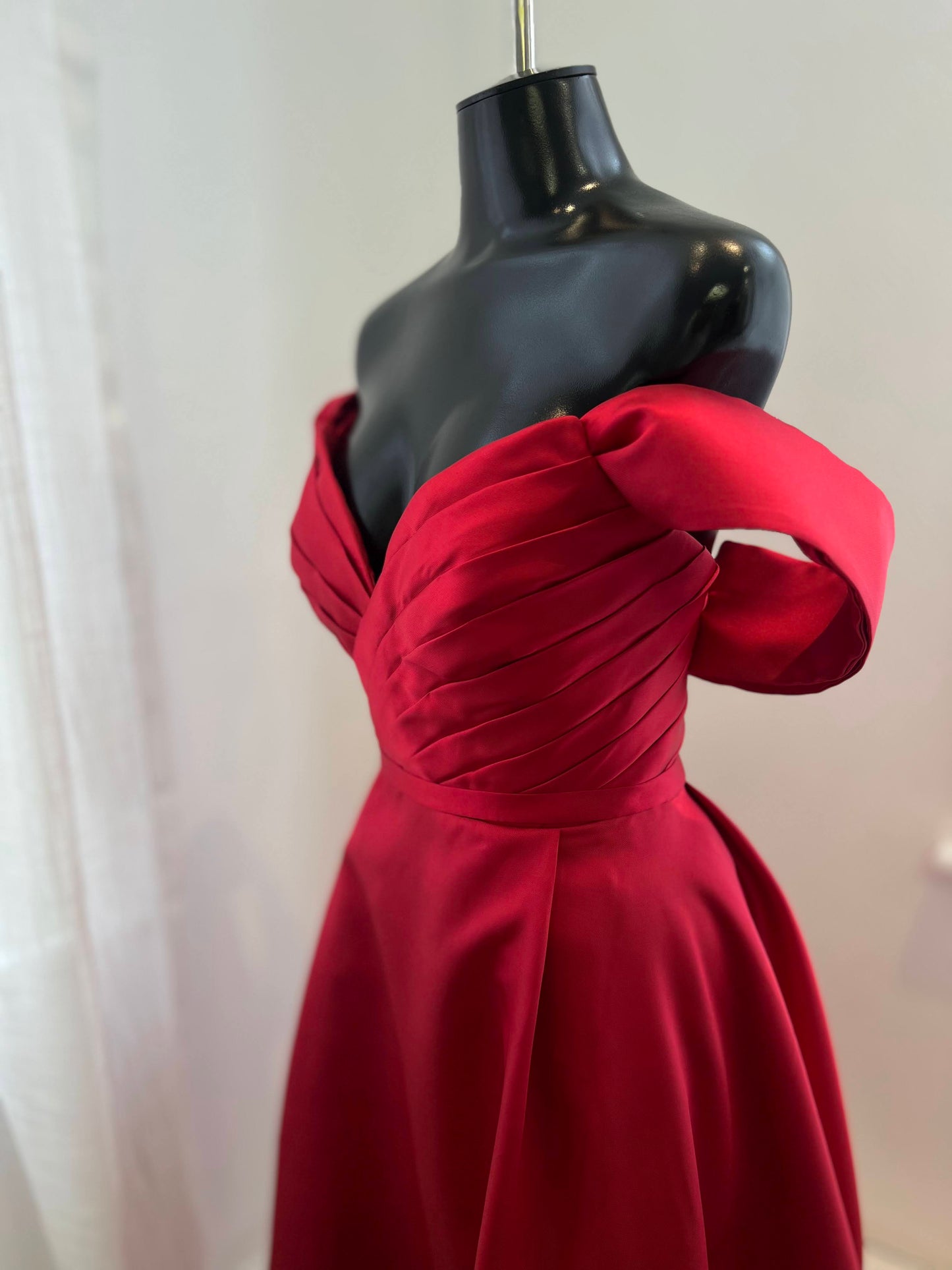 Red Satin Dress with Pleated Bodice