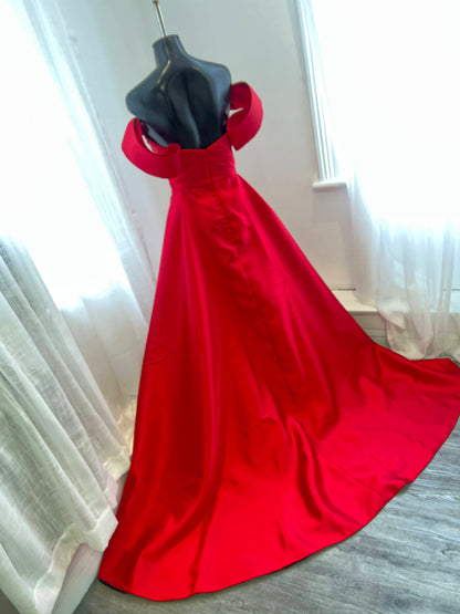 Red Satin Dress with Pleated Bodice