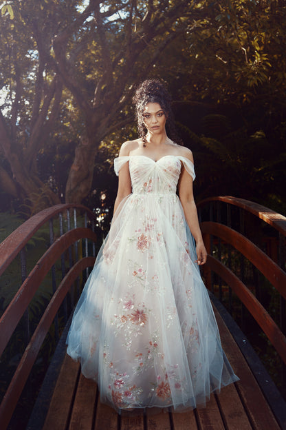 Peach embroidered flowers corset dress