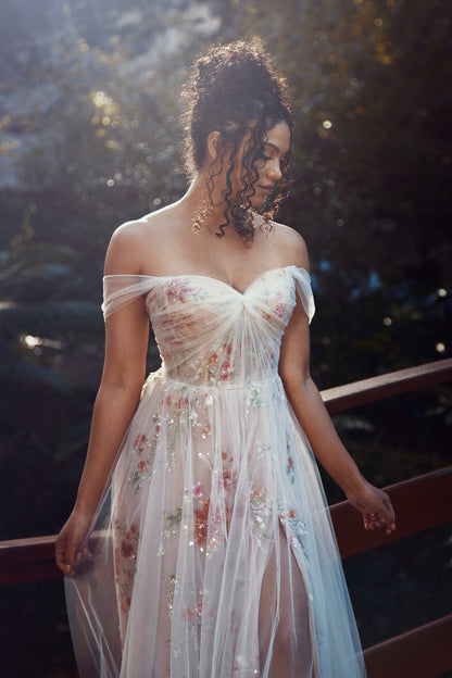 Peach embroidered flowers corset dress