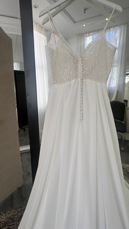 Code 2144: White georgette with beaded lace sheer back, Size 14/16