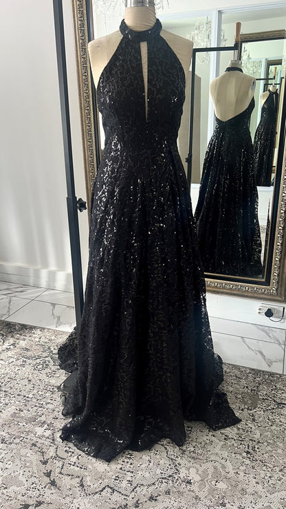 Black Sequin Halter Neck Dress
