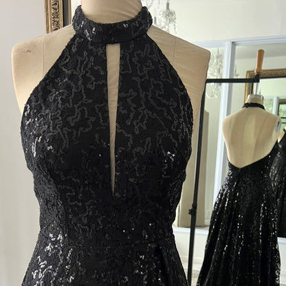 Black Sequin Halter Neck Dress