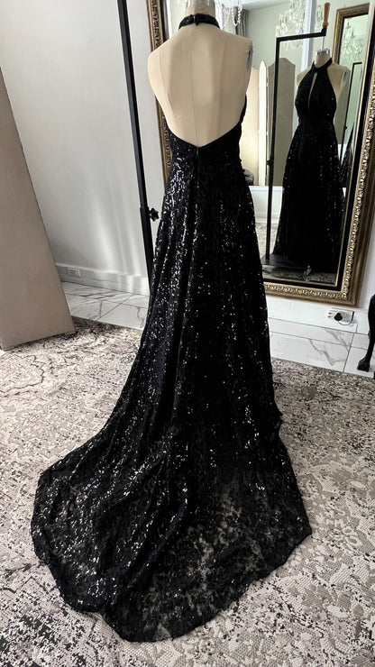 Black Sequin Halter Neck Dress