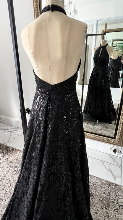Black Sequin Halter Neck Dress